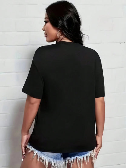 2026 New Plus-Size Women's Black And White Cotton T-Shirt Sleeve Round Neck Tee With Printing,Machine Washable Regular Fit For Casual Attire-0XL-5XL