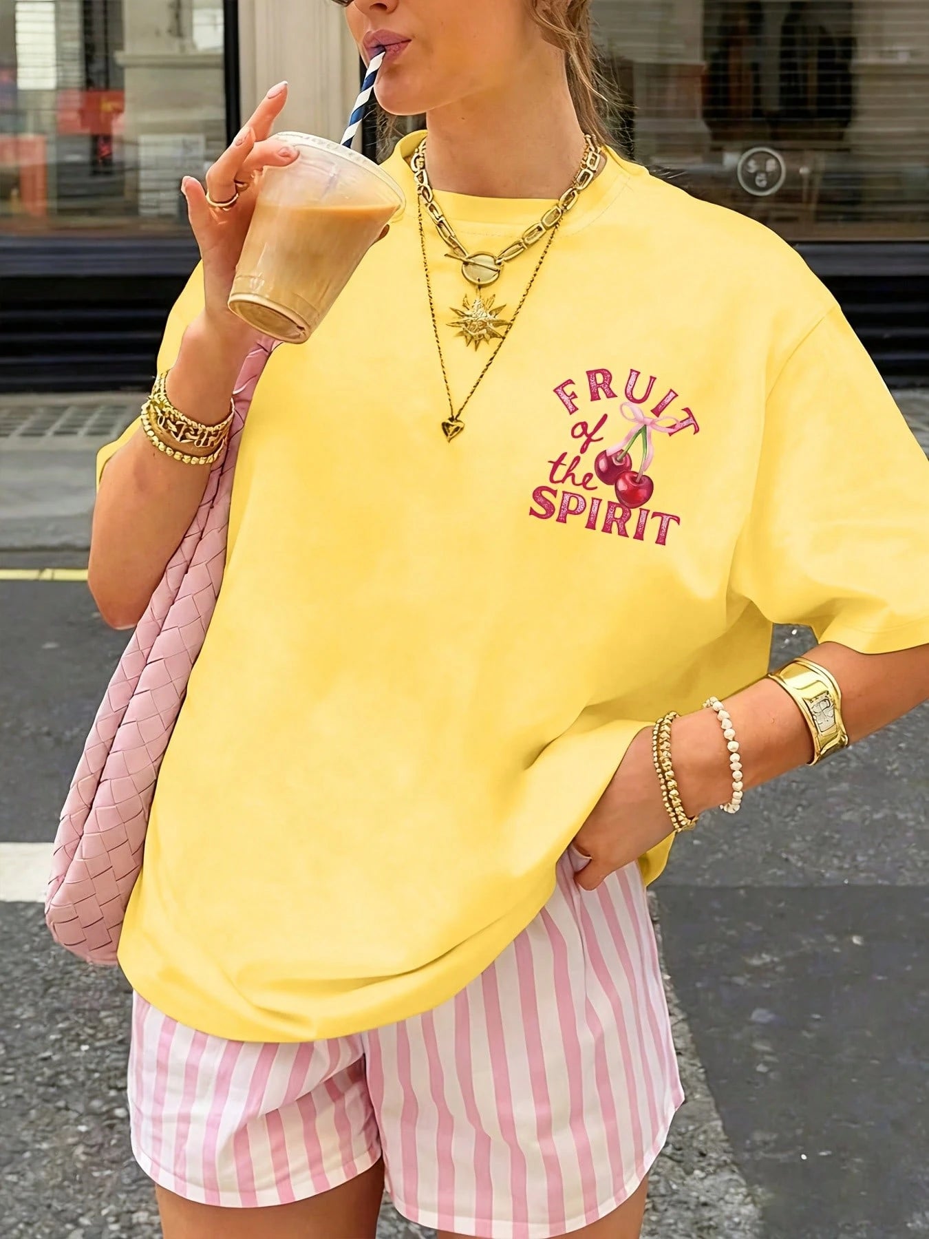 2026 Spring/Summer New Style Women's Round Neck Summer Cherry Letter Print Fashionable Summer Cool Short Sleeve Casual T-Shirt Double-Sided Print 2026