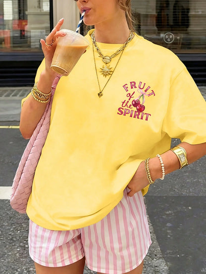 2026 Spring/Summer New Style Women's Round Neck Summer Cherry Letter Print Fashionable Summer Cool Short Sleeve Casual T-Shirt Double-Sided Print 2026