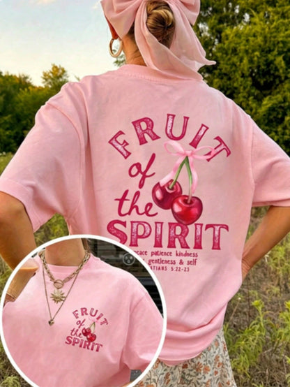 2026 Spring/Summer New Style Women's Round Neck Summer Cherry Letter Print Fashionable Summer Cool Short Sleeve Casual T-Shirt Double-Sided Print 2026