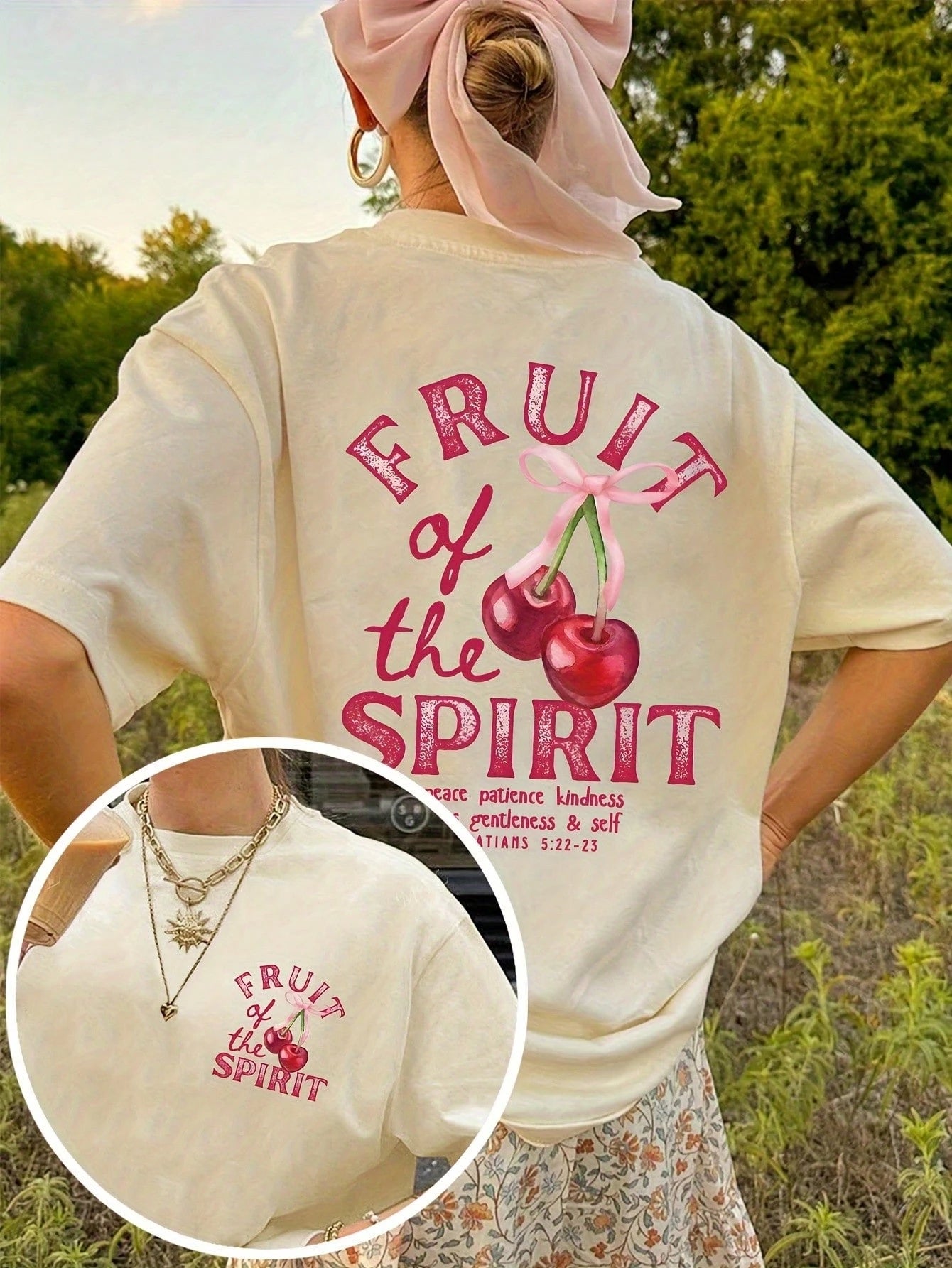 2026 Spring/Summer New Style Women's Round Neck Summer Cherry Letter Print Fashionable Summer Cool Short Sleeve Casual T-Shirt Double-Sided Print 2026