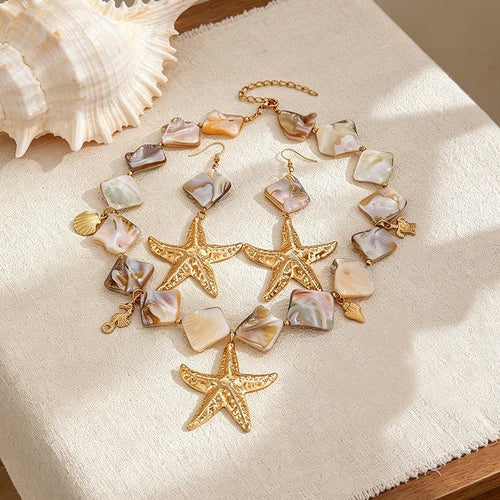 2026 Summer New Arrival Orange Beaded Starfish Necklace & Earrings Set For Women, Boho Ocean Statement Jewelry For Beach Vacation & Resort Wear.