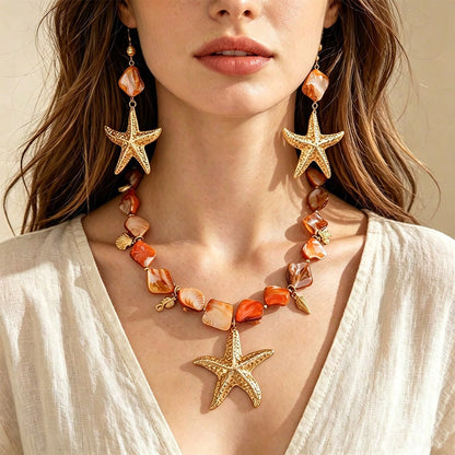 2026 Summer New Arrival Orange Beaded Starfish Necklace & Earrings Set For Women, Boho Ocean Statement Jewelry For Beach Vacation & Resort Wear.