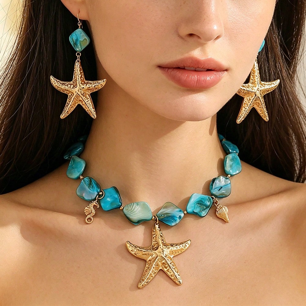2026 Summer New Arrival Orange Beaded Starfish Necklace & Earrings Set For Women, Boho Ocean Statement Jewelry For Beach Vacation & Resort Wear.