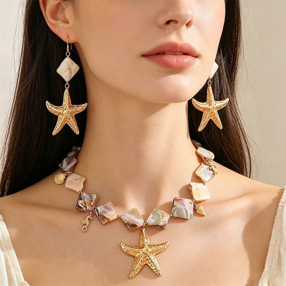 2026 Summer New Arrival Orange Beaded Starfish Necklace & Earrings Set For Women, Boho Ocean Statement Jewelry For Beach Vacation & Resort Wear.