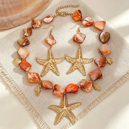 2026 Summer New Arrival Orange Beaded Starfish Necklace & Earrings Set For Women, Boho Ocean Statement Jewelry For Beach Vacation & Resort Wear.