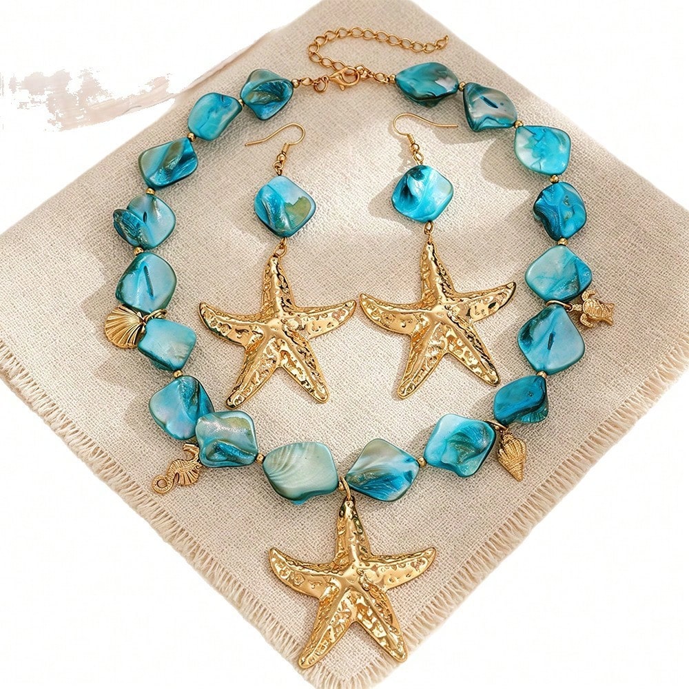 2026 Summer New Arrival Orange Beaded Starfish Necklace & Earrings Set For Women, Boho Ocean Statement Jewelry For Beach Vacation & Resort Wear.