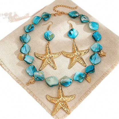 2026 Summer New Arrival Orange Beaded Starfish Necklace & Earrings Set For Women, Boho Ocean Statement Jewelry For Beach Vacation & Resort Wear.