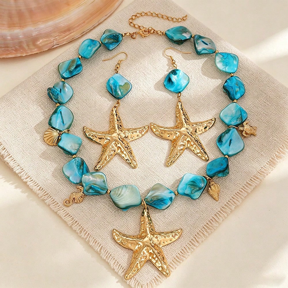 2026 Summer New Arrival Orange Beaded Starfish Necklace & Earrings Set For Women, Boho Ocean Statement Jewelry For Beach Vacation & Resort Wear.