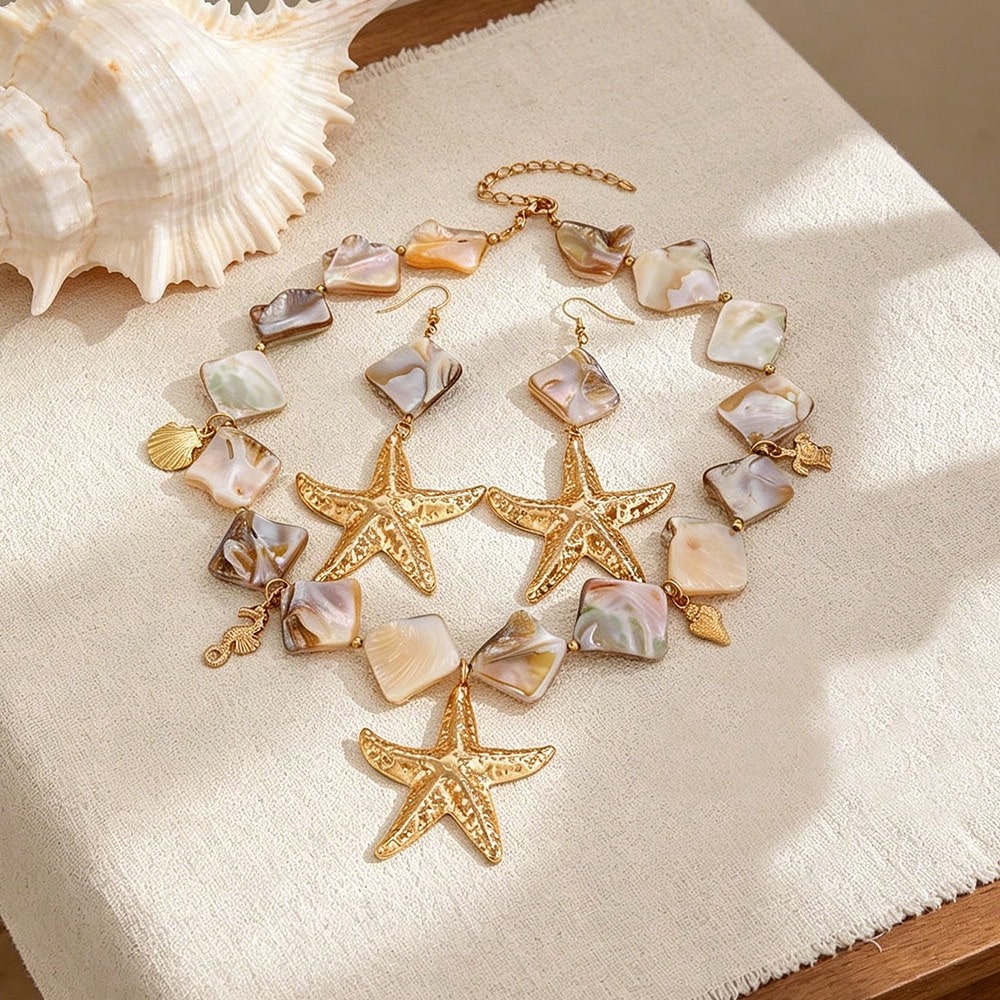 2026 Summer New Arrival Orange Beaded Starfish Necklace & Earrings Set For Women, Boho Ocean Statement Jewelry For Beach Vacation & Resort Wear.