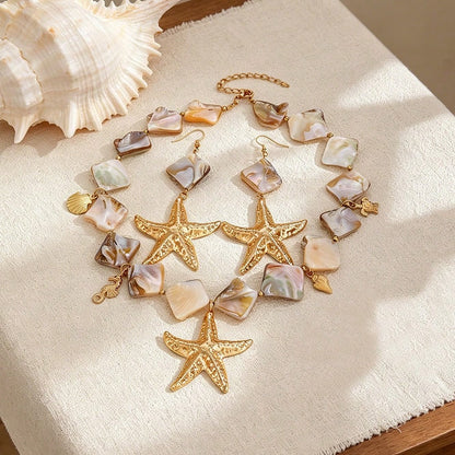 2026 Summer New Arrival Orange Beaded Starfish Necklace & Earrings Set For Women, Boho Ocean Statement Jewelry For Beach Vacation & Resort Wear.