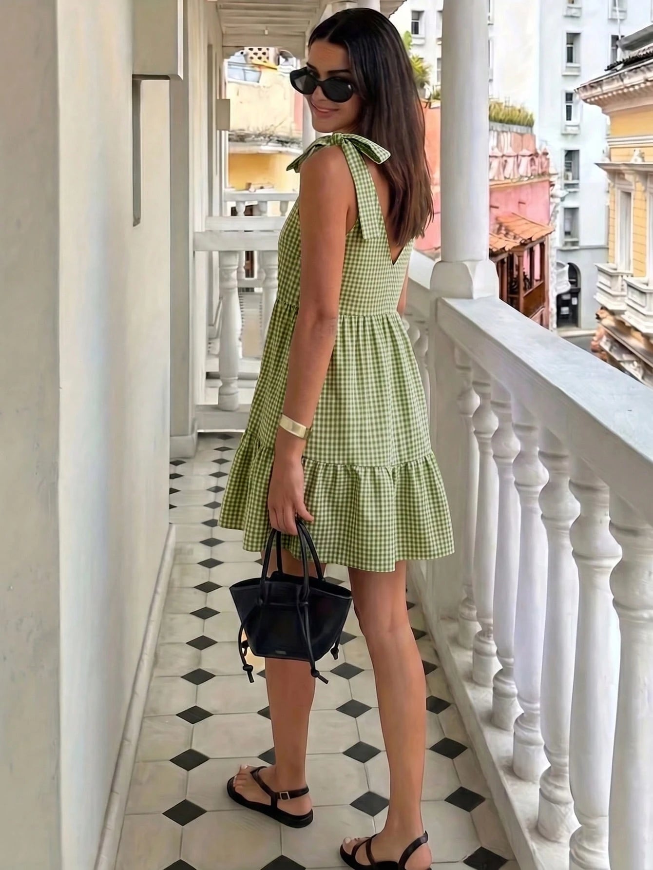2026 Summer New Women's Cute Green Plaid Short Dress, Sexy Deep V-Neck Bow Tie High Waist A-Line Slimming Dress, Women's Vacation Wear Elegant