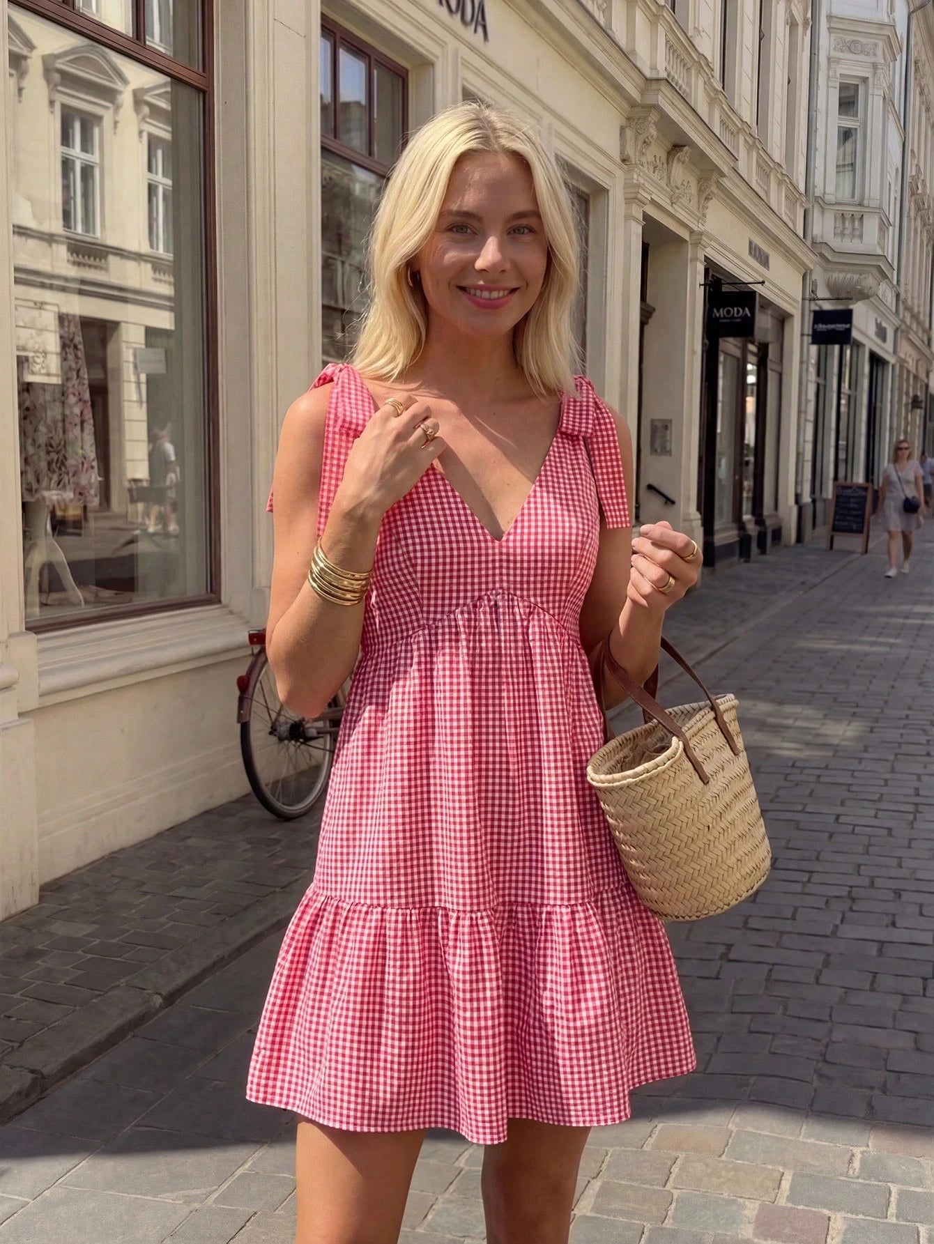 2026 Summer New Women's Cute Green Plaid Short Dress, Sexy Deep V-Neck Bow Tie High Waist A-Line Slimming Dress, Women's Vacation Wear Elegant