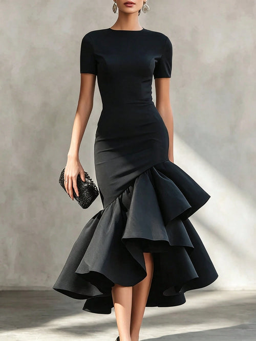 2026 Summer Short Sleeve Round Neck Ruched Bodycon High Low Ruffle Midi Dress Elegant Cocktail Party Evening Gown