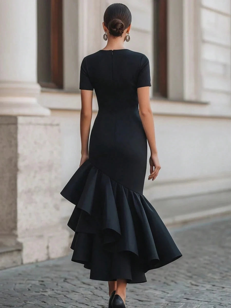 2026 Summer Short Sleeve Round Neck Ruched Bodycon High Low Ruffle Midi Dress Elegant Cocktail Party Evening Gown