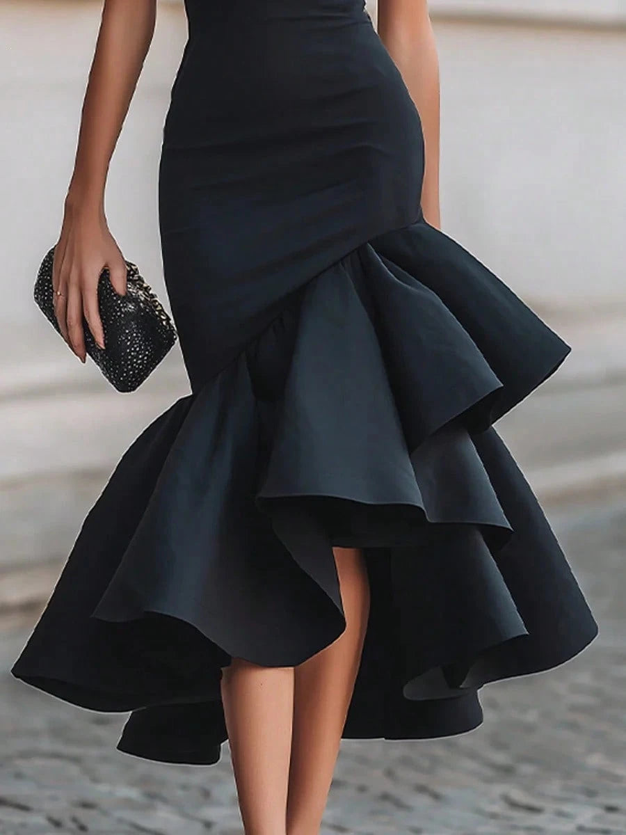 2026 Summer Short Sleeve Round Neck Ruched Bodycon High Low Ruffle Midi Dress Elegant Cocktail Party Evening Gown
