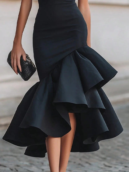 2026 Summer Short Sleeve Round Neck Ruched Bodycon High Low Ruffle Midi Dress Elegant Cocktail Party Evening Gown