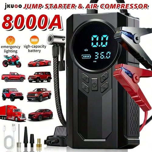 2026 Upgraded Multifunctional Portable Mini Air Compressor With Jump Starter, 150PSI Tire Inflator, Digital Display, Tire Pressure Monitoring, 3-Mode LED Flashlight And Battery Charger, 8000A Peak Cur