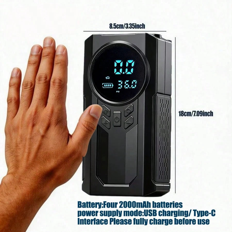 2026 Upgraded Multifunctional Portable Mini Air Compressor With Jump Starter, 150PSI Tire Inflator, Digital Display, Tire Pressure Monitoring, 3-Mode LED Flashlight And Battery Charger, 8000A Peak Cur