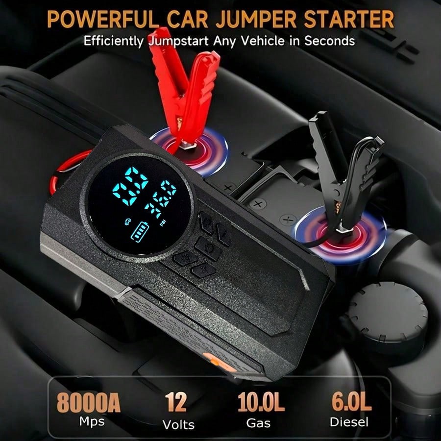 2026 Upgraded Multifunctional Portable Mini Air Compressor With Jump Starter, 150PSI Tire Inflator, Digital Display, Tire Pressure Monitoring, 3-Mode LED Flashlight And Battery Charger, 8000A Peak Cur