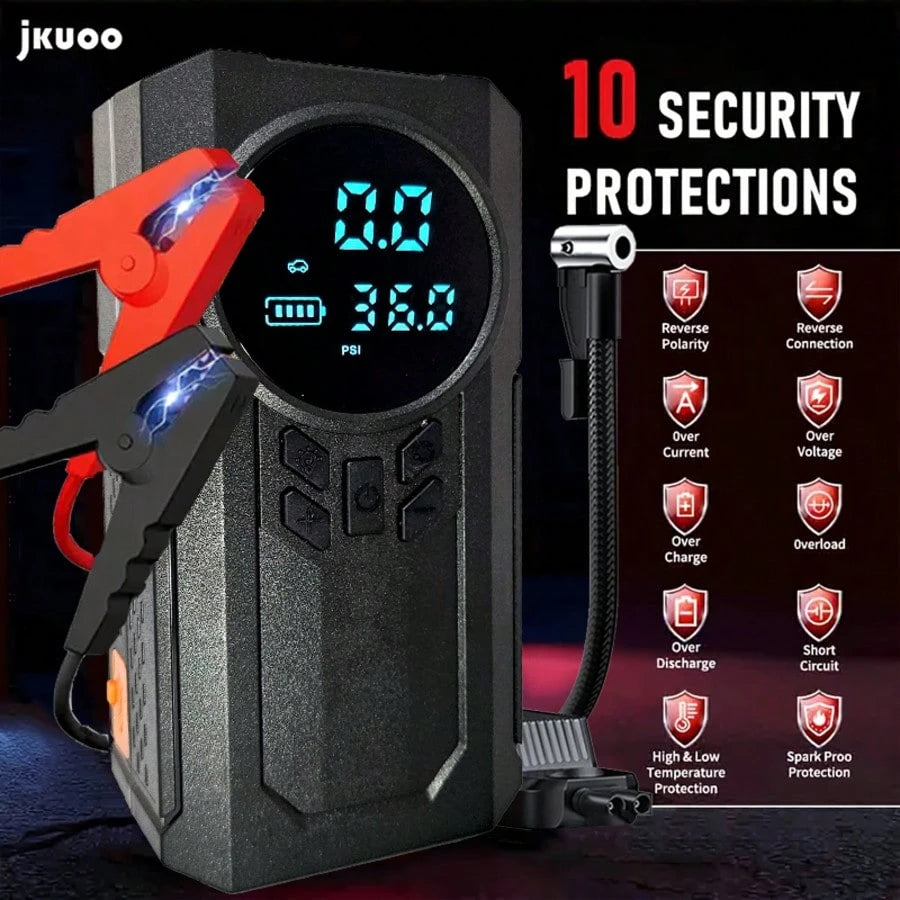 2026 Upgraded Multifunctional Portable Mini Air Compressor With Jump Starter, 150PSI Tire Inflator, Digital Display, Tire Pressure Monitoring, 3-Mode LED Flashlight And Battery Charger, 8000A Peak Cur
