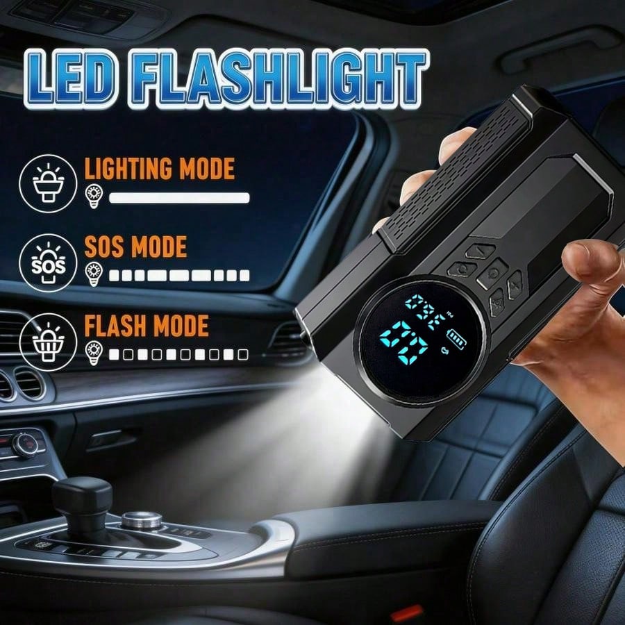 2026 Upgraded Multifunctional Portable Mini Air Compressor With Jump Starter, 150PSI Tire Inflator, Digital Display, Tire Pressure Monitoring, 3-Mode LED Flashlight And Battery Charger, 8000A Peak Cur