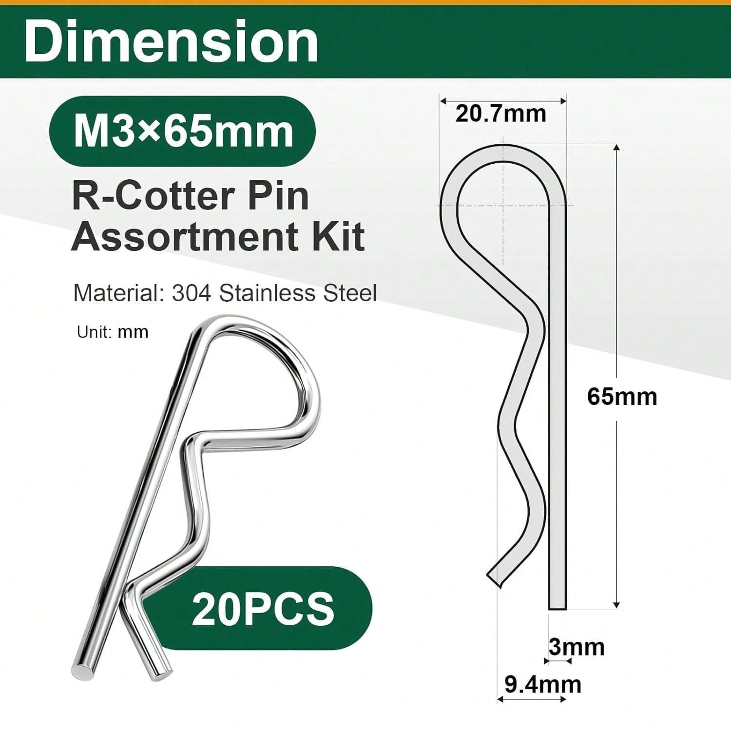 20Pcs Cotter Pins R Clips, Stainless Steel Hitch Pin Clips For Trailer, Tractor, And Automotive Repair, M3x65mm