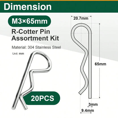 20Pcs Cotter Pins R Clips, Stainless Steel Hitch Pin Clips For Trailer, Tractor, And Automotive Repair, M3x65mm