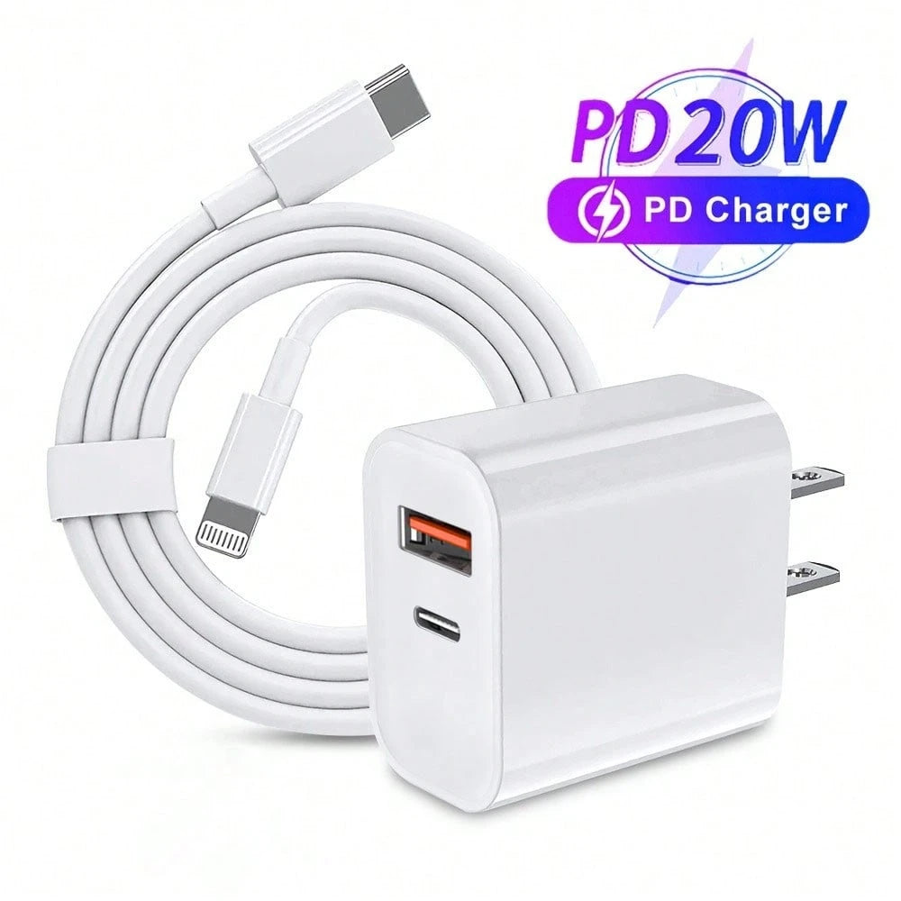 20W Fast Charging Adapter Set, USB C & USB A Wall Charger + 3.3Ft/100cm Type C To Lightning Fast Charging Data Cable, Compatible With For IPhone 14/13/12/11/XR/Xs Max/8/7 Plus Charger Set