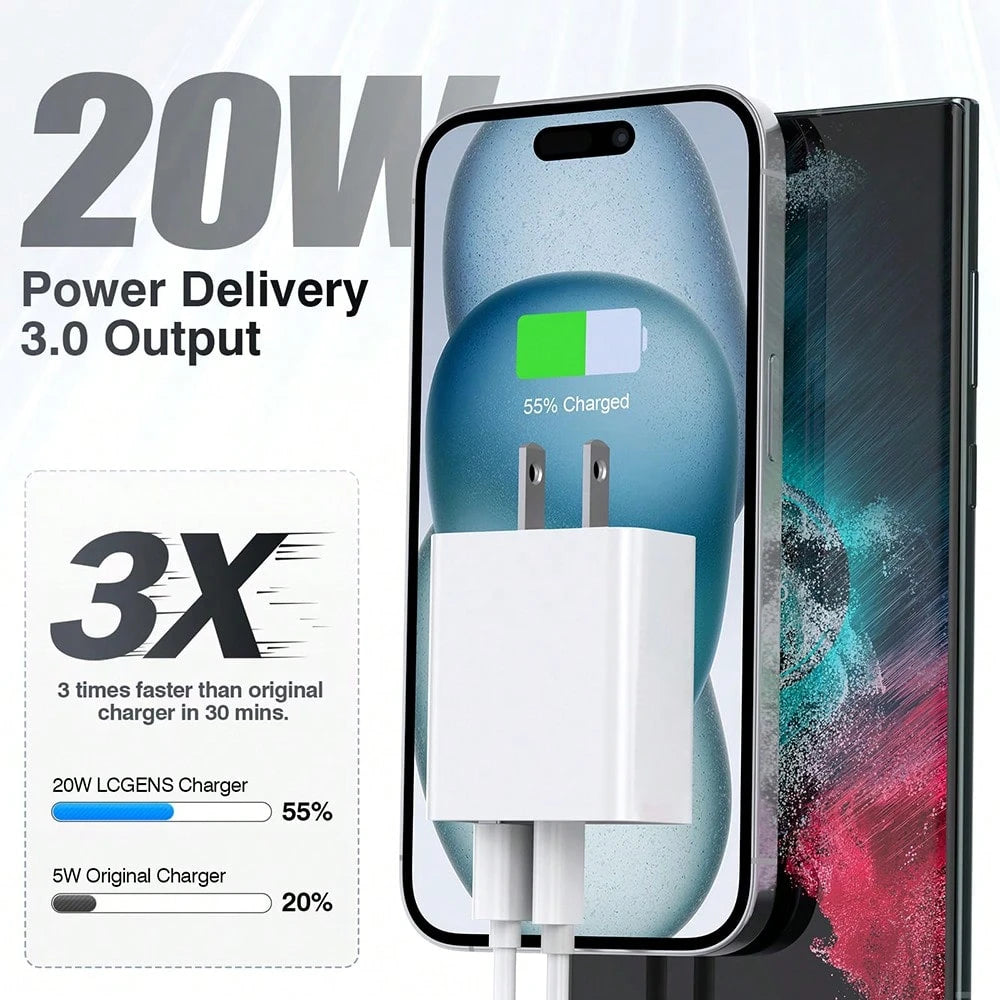 20W Fast Charging Adapter Set, USB C & USB A Wall Charger + 3.3Ft/100cm Type C To Lightning Fast Charging Data Cable, Compatible With For IPhone 14/13/12/11/XR/Xs Max/8/7 Plus Charger Set