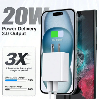 20W Fast Charging Adapter Set, USB C & USB A Wall Charger + 3.3Ft/100cm Type C To Lightning Fast Charging Data Cable, Compatible With For IPhone 14/13/12/11/XR/Xs Max/8/7 Plus Charger Set