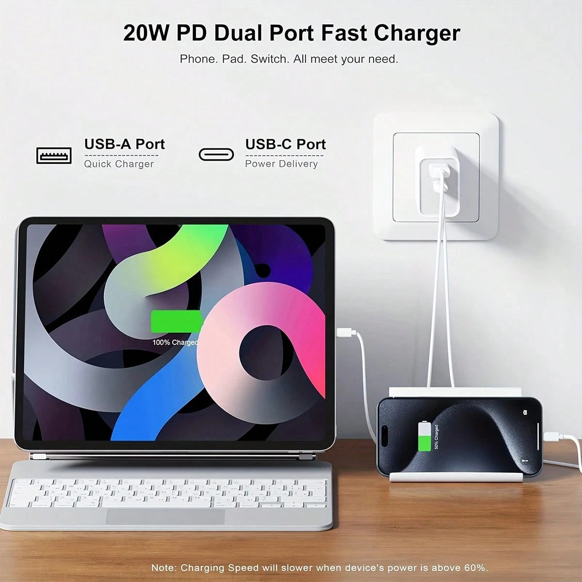 20W Fast Charging Adapter Set, USB C & USB A Wall Charger + 3.3Ft/100cm Type C To Lightning Fast Charging Data Cable, Compatible With For IPhone 14/13/12/11/XR/Xs Max/8/7 Plus Charger Set