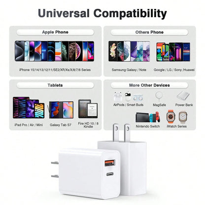 20W Fast Charging Adapter Set, USB C & USB A Wall Charger + 3.3Ft/100cm Type C To Lightning Fast Charging Data Cable, Compatible With For IPhone 14/13/12/11/XR/Xs Max/8/7 Plus Charger Set