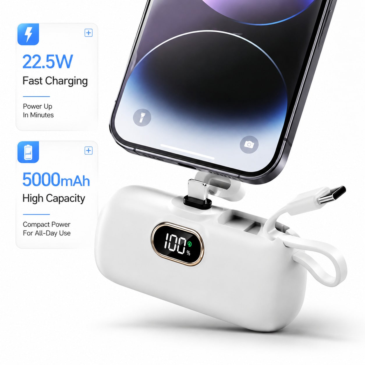 22.5W Fast Charging Rush Hour Power Bank 5000mAh Compact Phone Charger With Built-In Lightning & Type-C Cables LED Battery Indicator Plug-In Cordless Charge Dual Ports Power Delivery Ultra Compact Ext