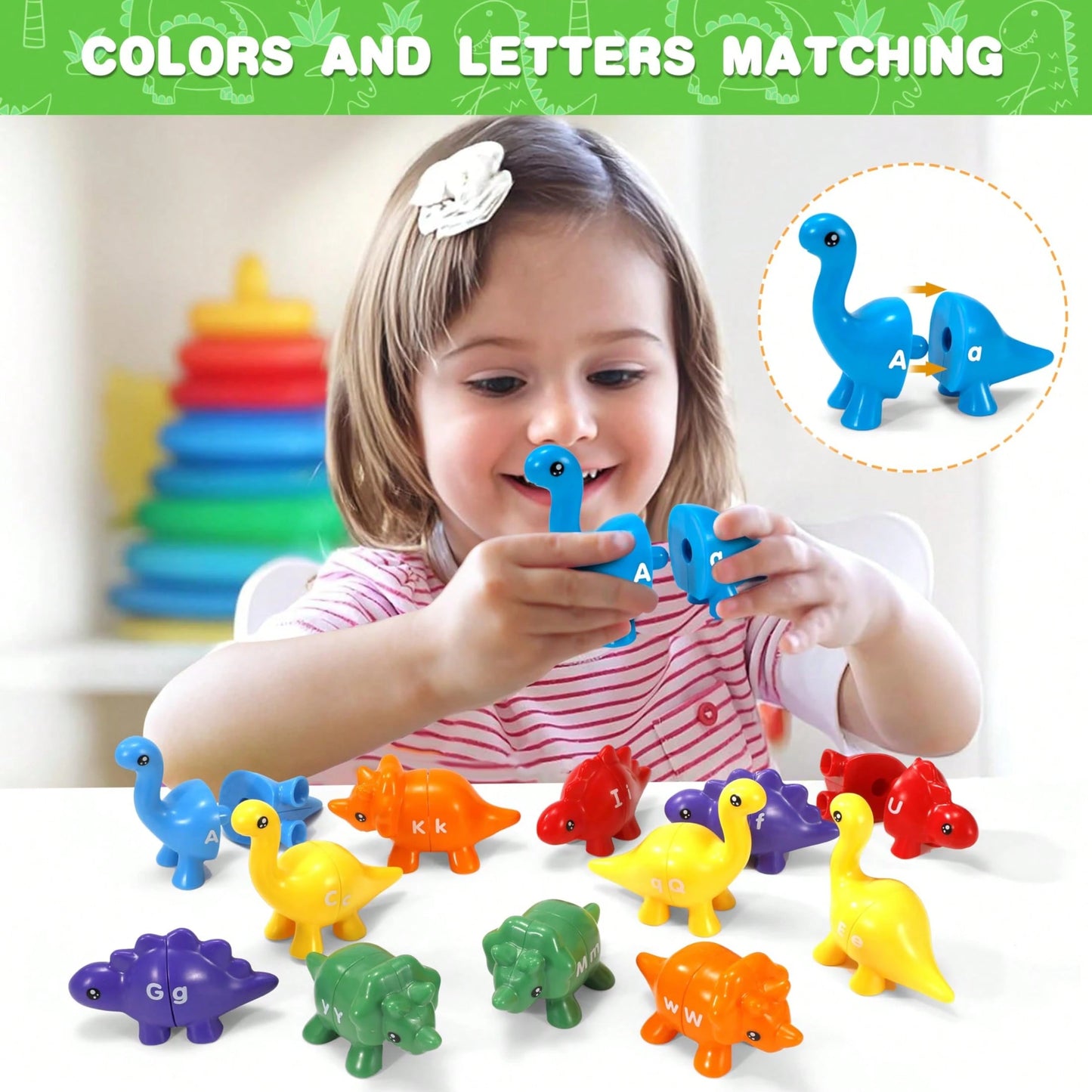 26pcs Dinosaur Alphabet Matching Skill Educational Toys, Preschool Color Recognition And Sorting Montessori Learning Toys
