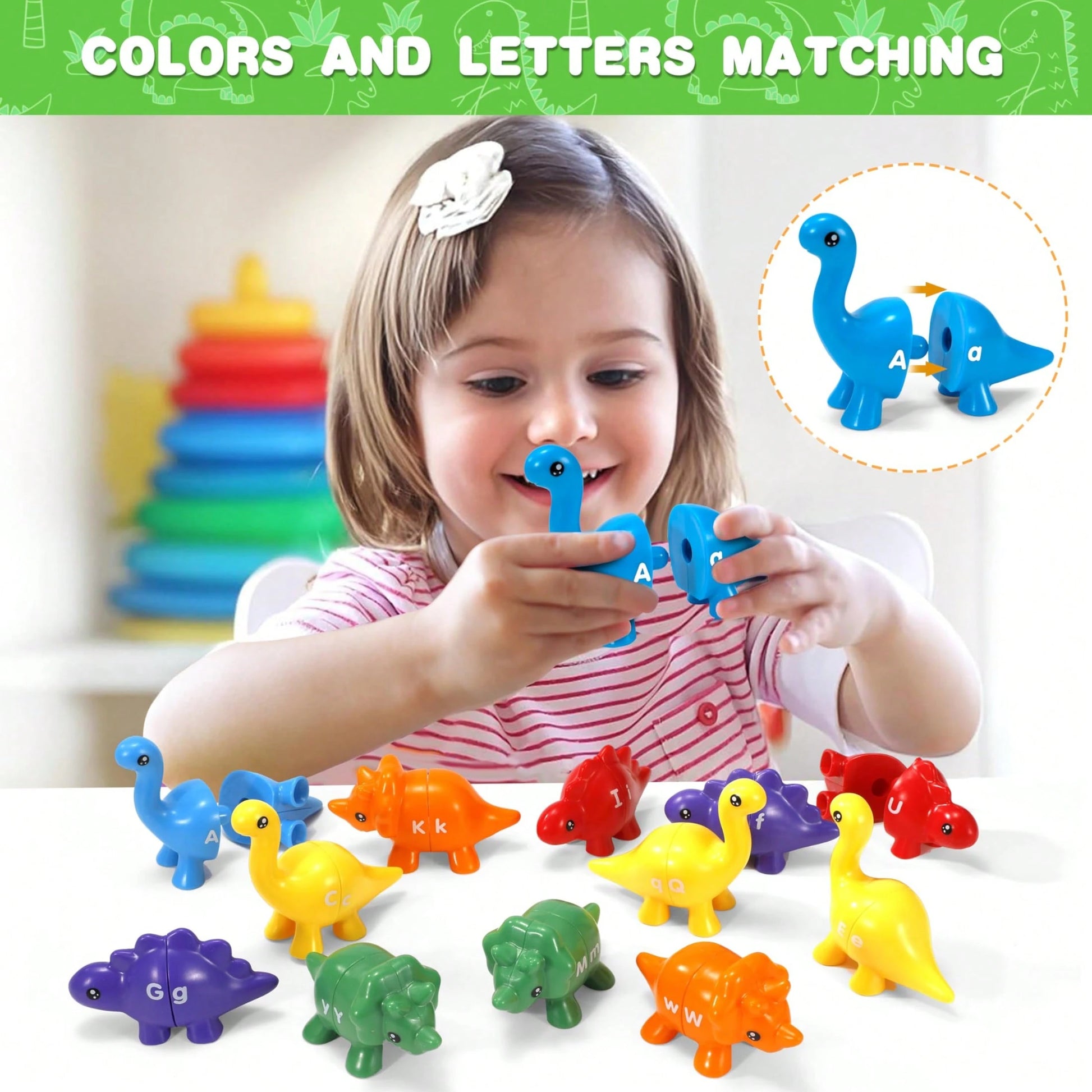 26pcs Dinosaur Alphabet Matching Skill Educational Toys, Preschool Color Recognition And Sorting Montessori Learning Toys