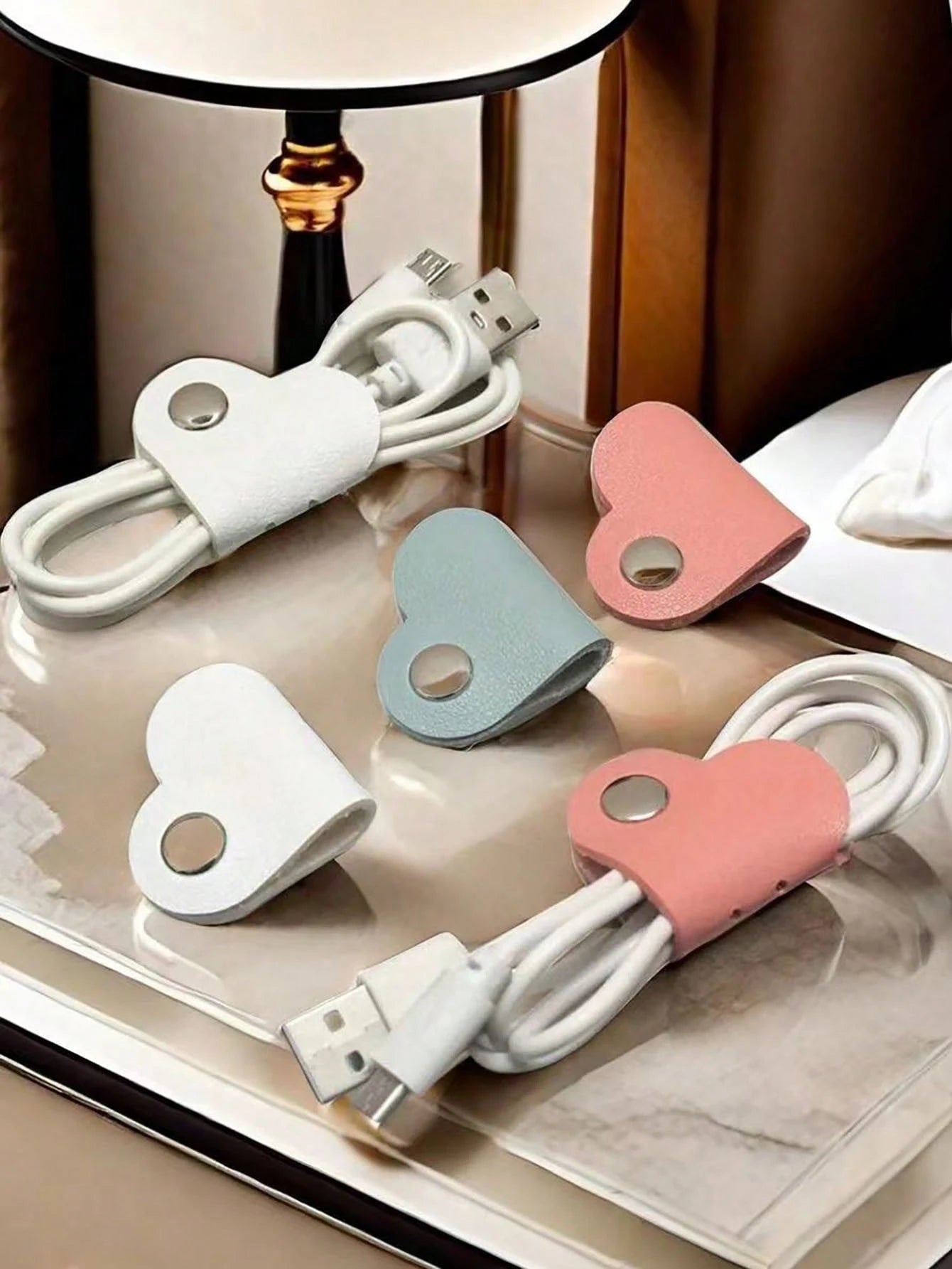 28pcs/3pcs/5pcs/10pcs/16pcs Random Color Heart-Shaped Cable Organizer (2.75*1.37 Inches), Earphone Cable Winder, PU Leather Cable Organizer, Self-Adhesive Data Cable Storage Box, Data Cable Storage Ba