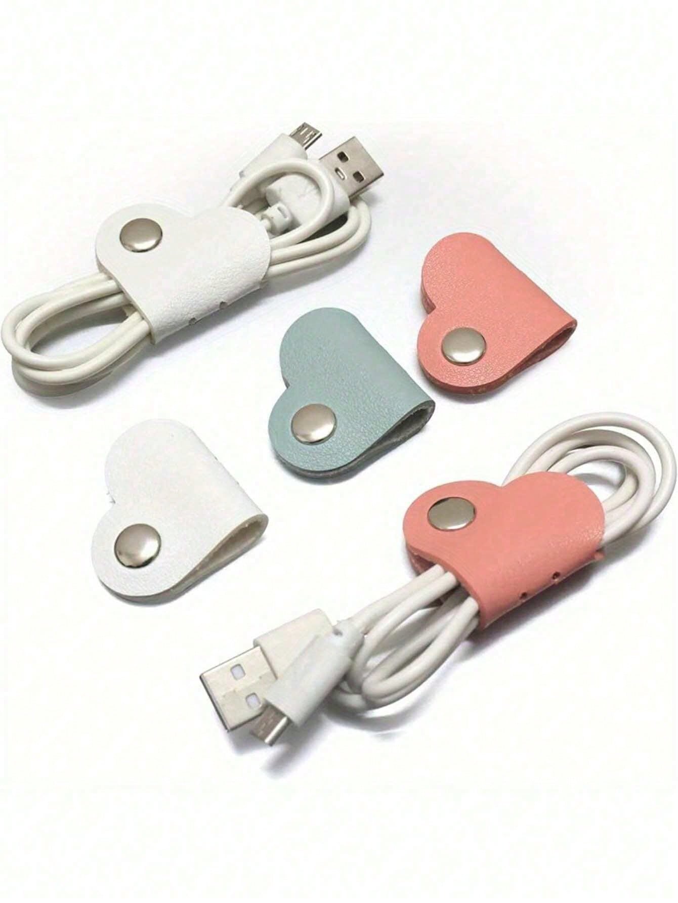 28pcs/3pcs/5pcs/10pcs/16pcs Random Color Heart-Shaped Cable Organizer (2.75*1.37 Inches), Earphone Cable Winder, PU Leather Cable Organizer, Self-Adhesive Data Cable Storage Box, Data Cable Storage Ba