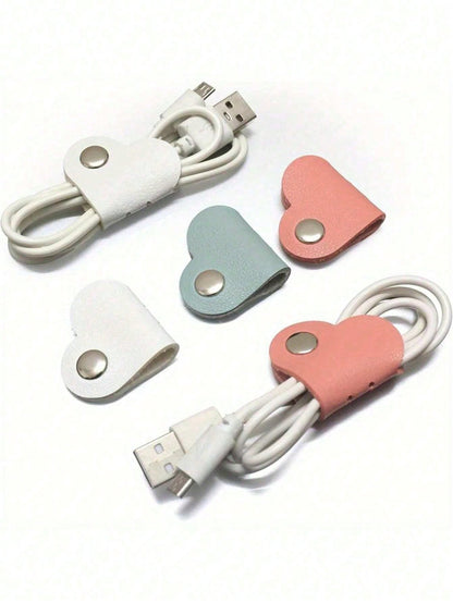 28pcs/3pcs/5pcs/10pcs/16pcs Random Color Heart-Shaped Cable Organizer (2.75*1.37 Inches), Earphone Cable Winder, PU Leather Cable Organizer, Self-Adhesive Data Cable Storage Box, Data Cable Storage Ba