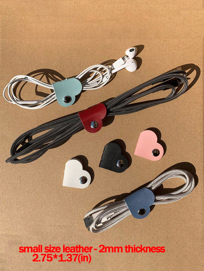 28pcs/3pcs/5pcs/10pcs/16pcs Random Color Heart-Shaped Cable Organizer (2.75*1.37 Inches), Earphone Cable Winder, PU Leather Cable Organizer, Self-Adhesive Data Cable Storage Box, Data Cable Storage Ba