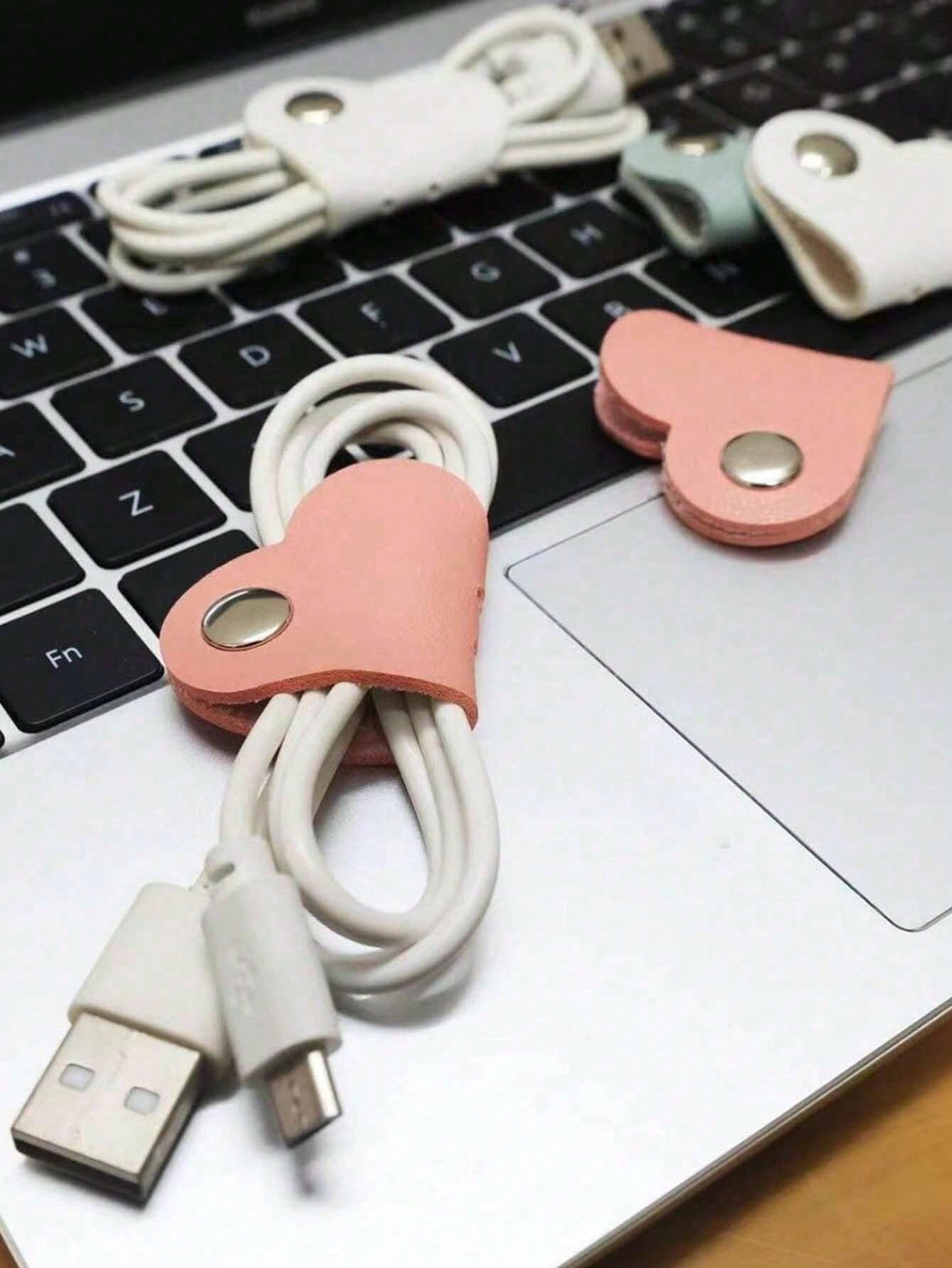 28pcs/3pcs/5pcs/10pcs/16pcs Random Color Heart-Shaped Cable Organizer (2.75*1.37 Inches), Earphone Cable Winder, PU Leather Cable Organizer, Self-Adhesive Data Cable Storage Box, Data Cable Storage Ba
