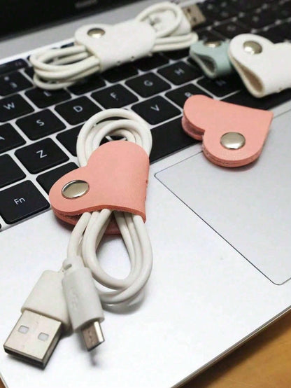 28pcs/3pcs/5pcs/10pcs/16pcs Random Color Heart-Shaped Cable Organizer (2.75*1.37 Inches), Earphone Cable Winder, PU Leather Cable Organizer, Self-Adhesive Data Cable Storage Box, Data Cable Storage Ba
