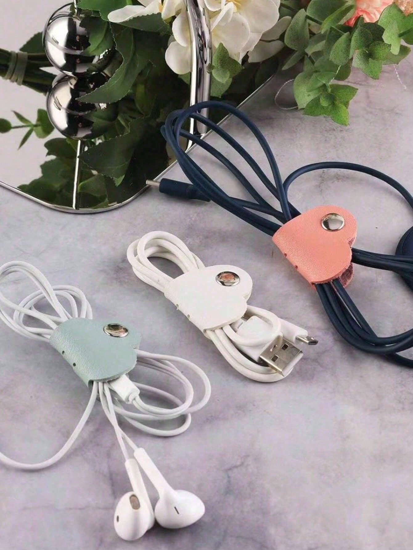 28pcs/3pcs/5pcs/10pcs/16pcs Random Color Heart-Shaped Cable Organizer (2.75*1.37 Inches), Earphone Cable Winder, PU Leather Cable Organizer, Self-Adhesive Data Cable Storage Box, Data Cable Storage Ba