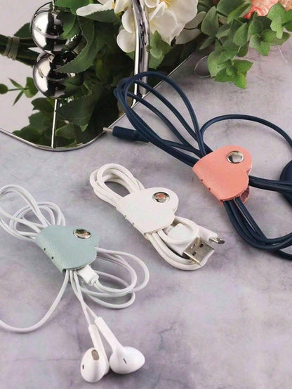 28pcs/3pcs/5pcs/10pcs/16pcs Random Color Heart-Shaped Cable Organizer (2.75*1.37 Inches), Earphone Cable Winder, PU Leather Cable Organizer, Self-Adhesive Data Cable Storage Box, Data Cable Storage Ba