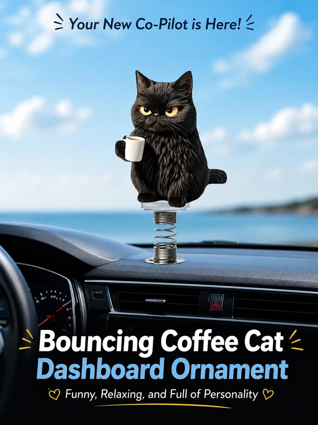 2D Black Cat Coffee Spring Ornament, Adjustable Height Acrylic Car Dashboard And Desktop Decor, Fun Gift For Cat Lovers (Metal Spring Base)