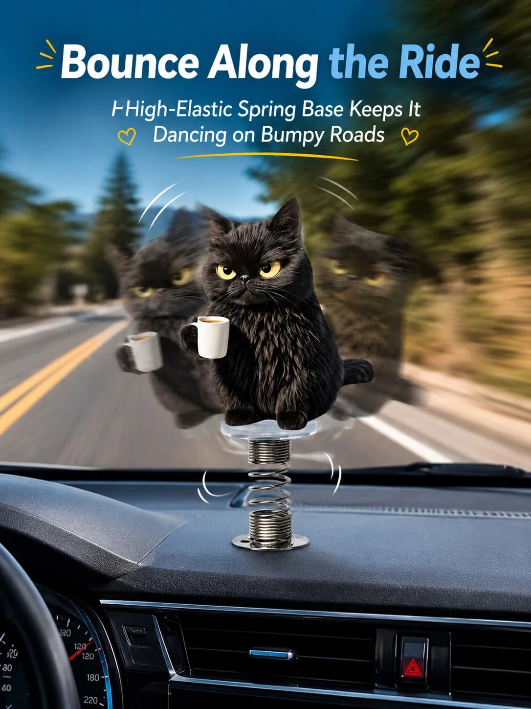 2D Black Cat Coffee Spring Ornament, Adjustable Height Acrylic Car Dashboard And Desktop Decor, Fun Gift For Cat Lovers (Metal Spring Base)
