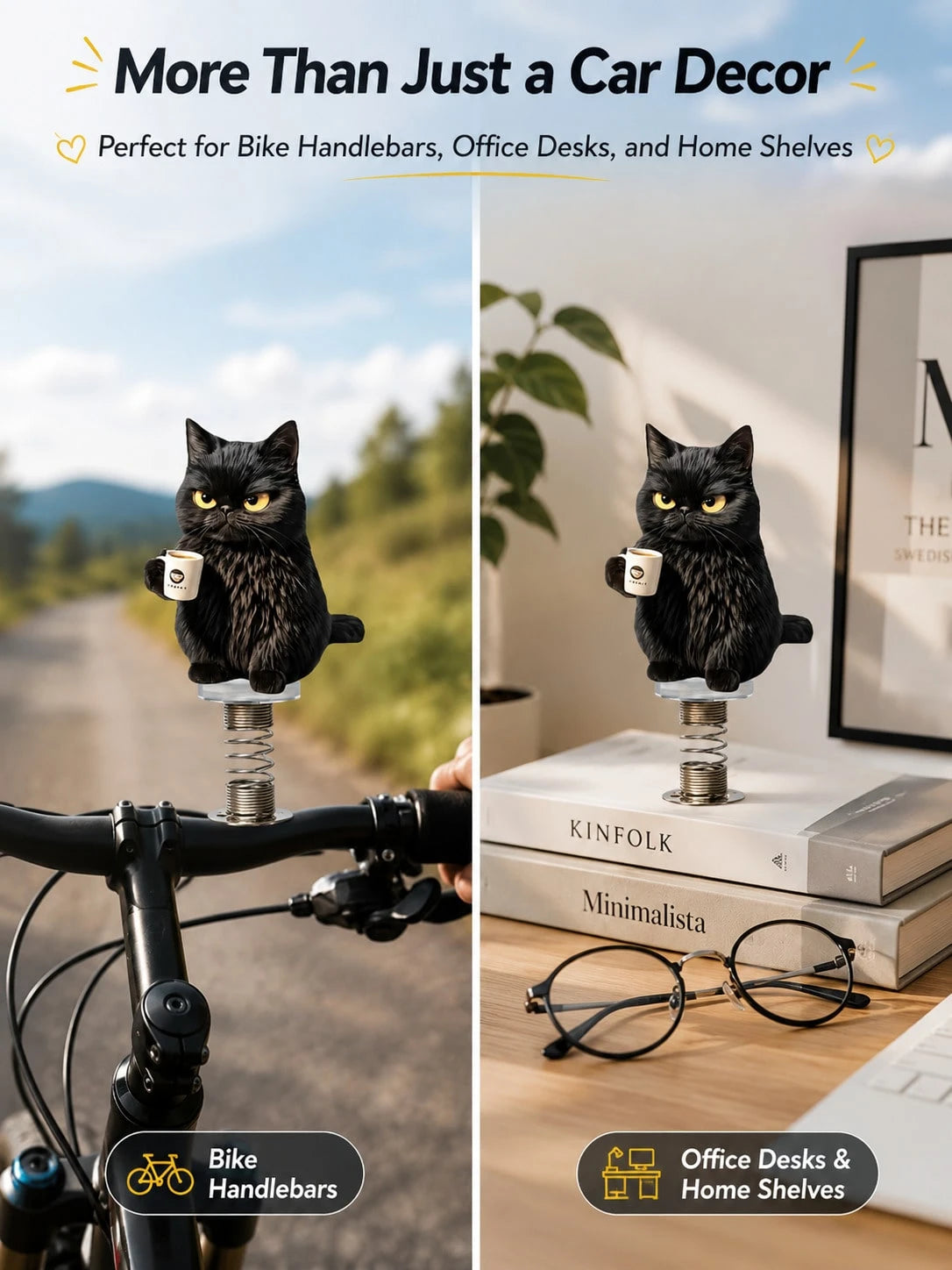 2D Black Cat Coffee Spring Ornament, Adjustable Height Acrylic Car Dashboard And Desktop Decor, Fun Gift For Cat Lovers (Metal Spring Base)