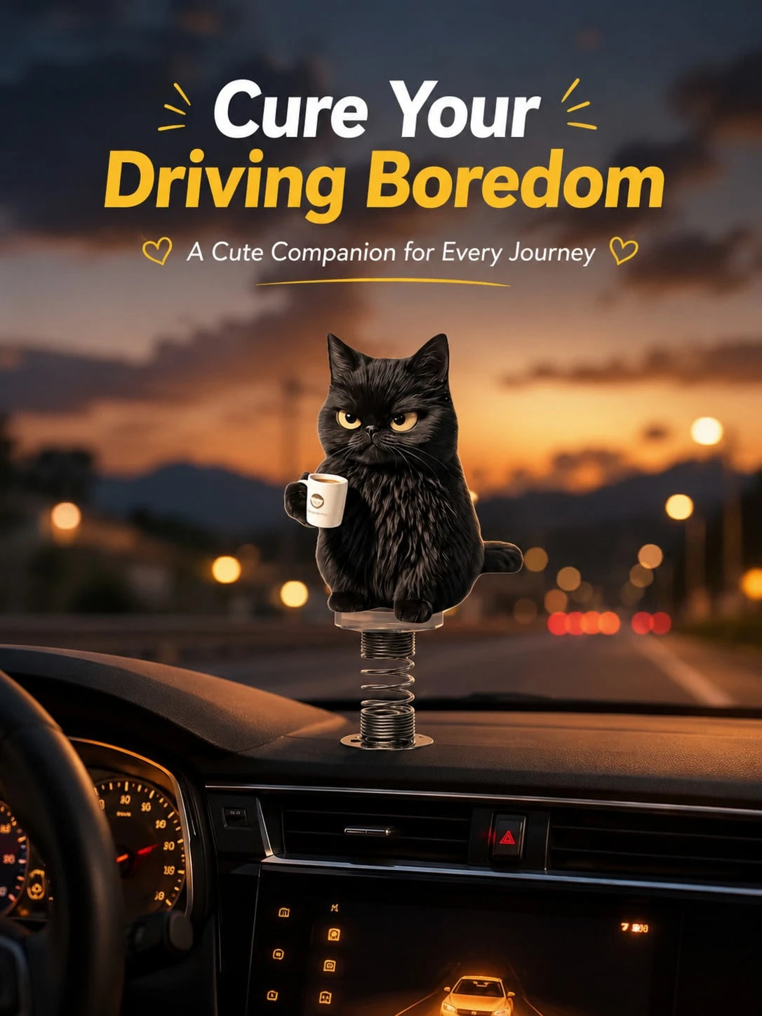 2D Black Cat Coffee Spring Ornament, Adjustable Height Acrylic Car Dashboard And Desktop Decor, Fun Gift For Cat Lovers (Metal Spring Base)