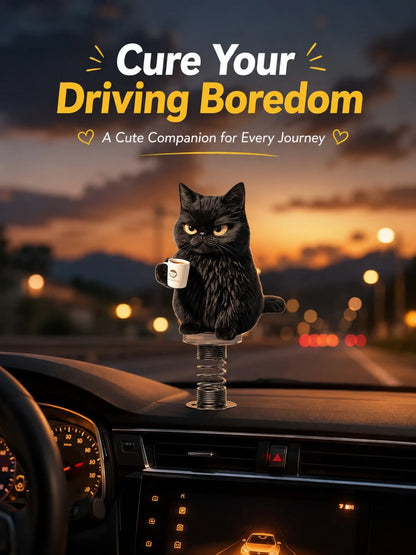 2D Black Cat Coffee Spring Ornament, Adjustable Height Acrylic Car Dashboard And Desktop Decor, Fun Gift For Cat Lovers (Metal Spring Base)