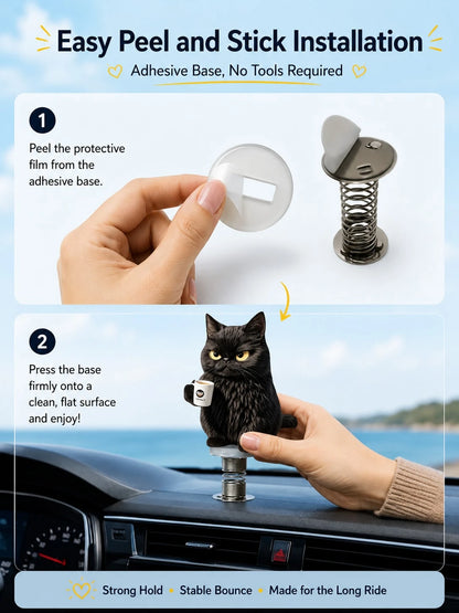 2D Black Cat Coffee Spring Ornament, Adjustable Height Acrylic Car Dashboard And Desktop Decor, Fun Gift For Cat Lovers (Metal Spring Base)
